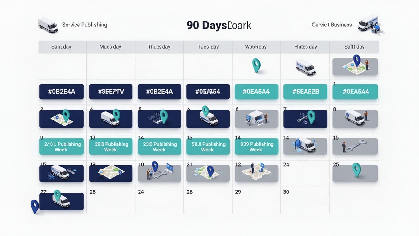 A 90-day calendar grid with sequential blocks marked for content publishing weeks, featuring integrated service business motifs like vans, map pins, and tools icons in a subtle isometric flat hybrid style. High-contrast design with ample white space, professional B2B color palette of deep blue, teal, and warm gray, soft shadows, and crisp vector-like edges.