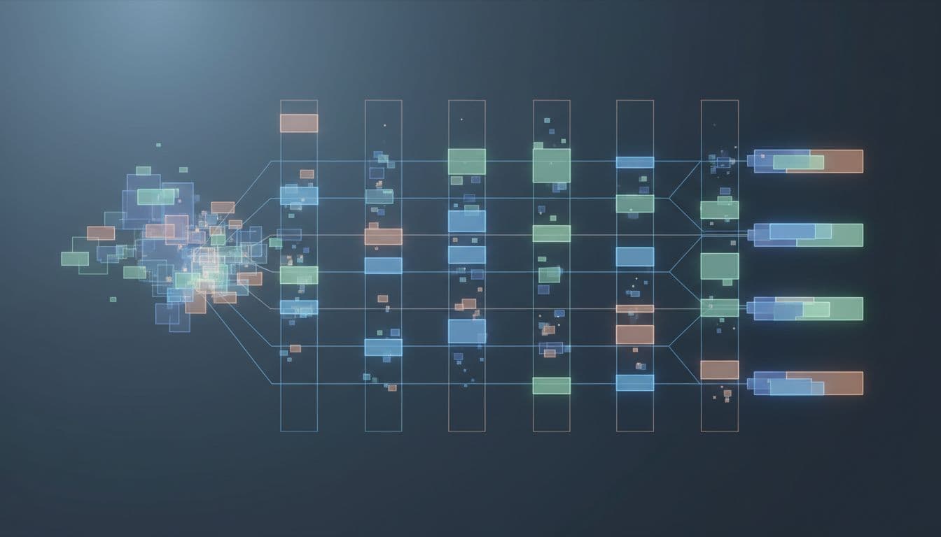 Data streams form columns and rows on a digital interface.