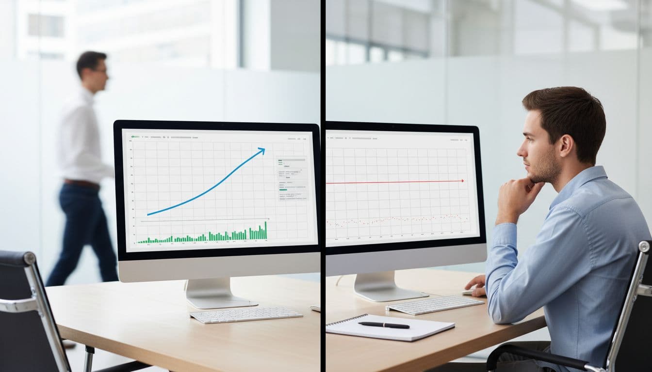 Service pro at clean desk compares rising success graph on left monitor with flat misleading line on right.