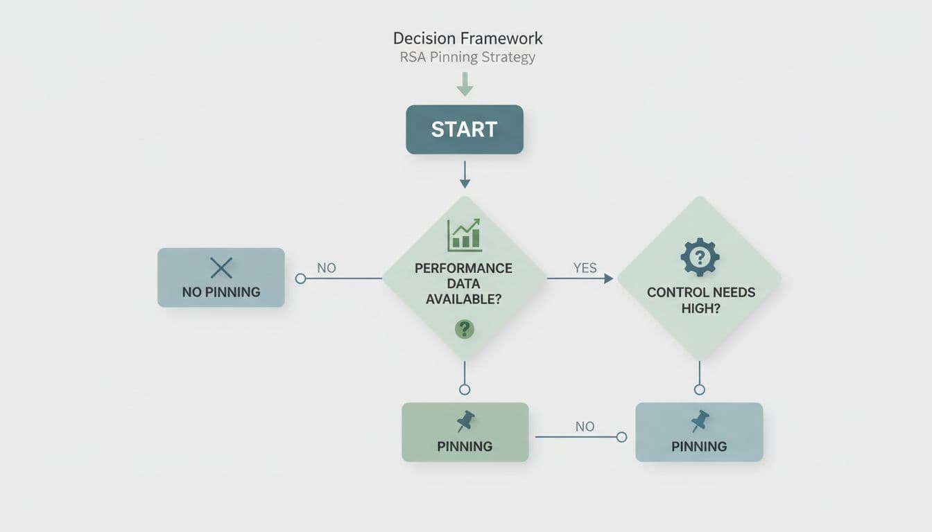 Flowchart icons show decision points for pinning versus not pinning ads based on performance data and control needs.