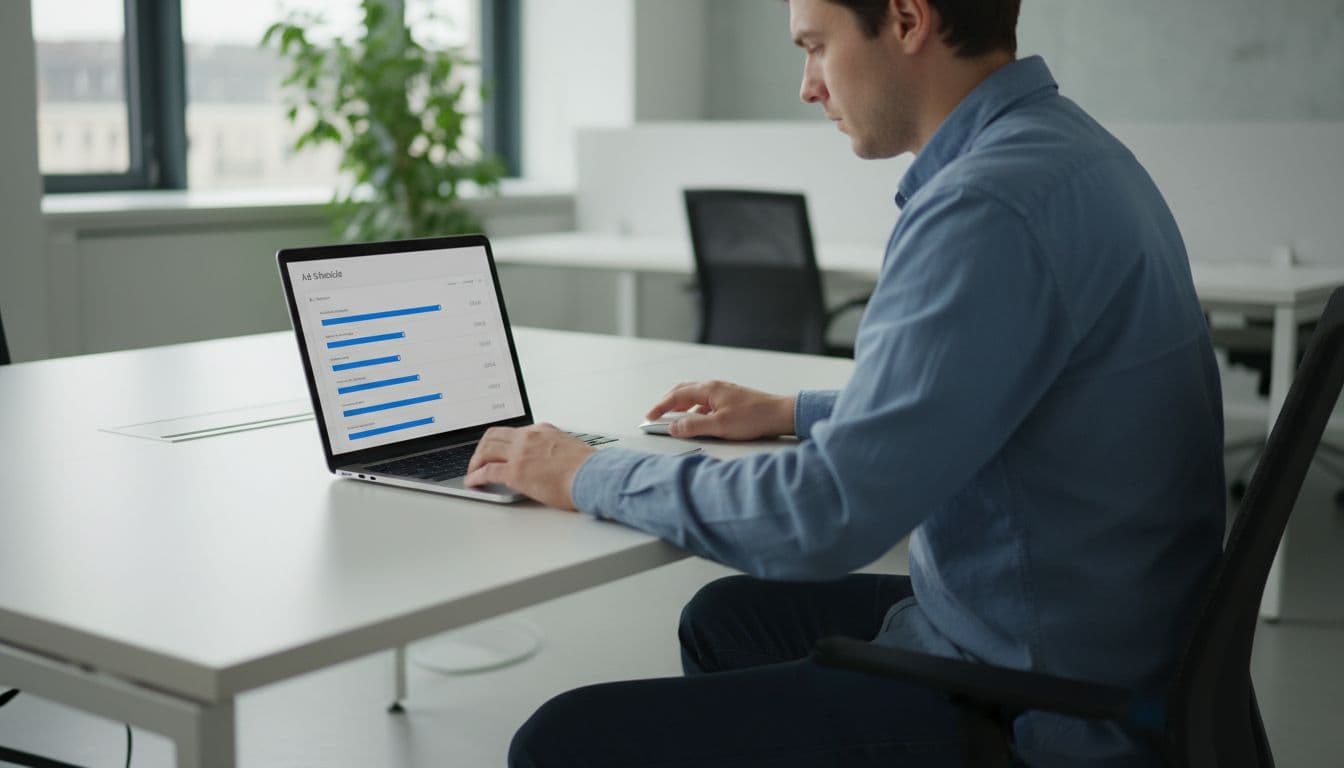 A person sits at a desk in a modern office, using a laptop to adjust sliders on a vague dashboard interface for ad schedule settings, with one hand on the mouse and natural lighting. Realistic photo style, screen angled, no text, logos, or extra people visible.