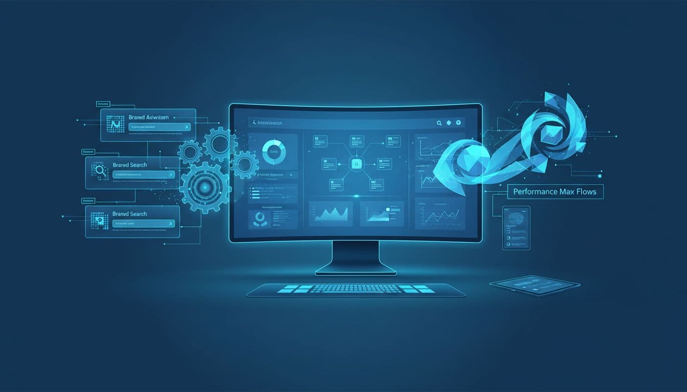 Clean professional illustration of AI gears integrating with branded search ads and Performance Max flows on a central computer dashboard, featuring futuristic blue-toned digital advertising aesthetic.