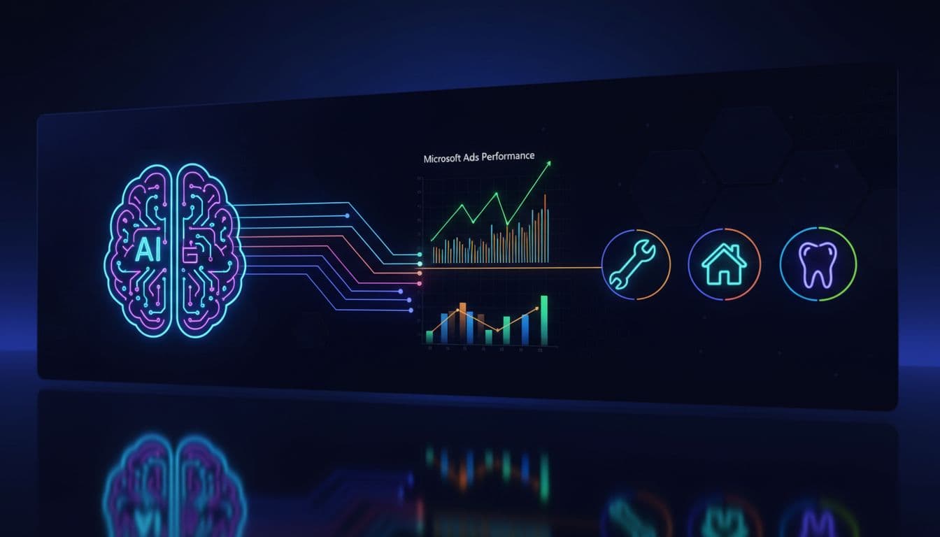 Futuristic AI brain icon integrated with Microsoft Ads performance graphs and abstract data flows to service icons on a dark mode dashboard with glowing neon sci-fi lighting.