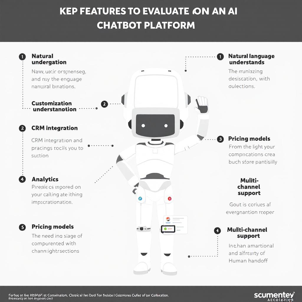 Infographic-style illustration of key features to evaluate in an AI chatbot platform: natural language understanding, customization options, CRM integration, pricing models, analytics, reporting, multi-channel support, and human handoff. Image created with AI.