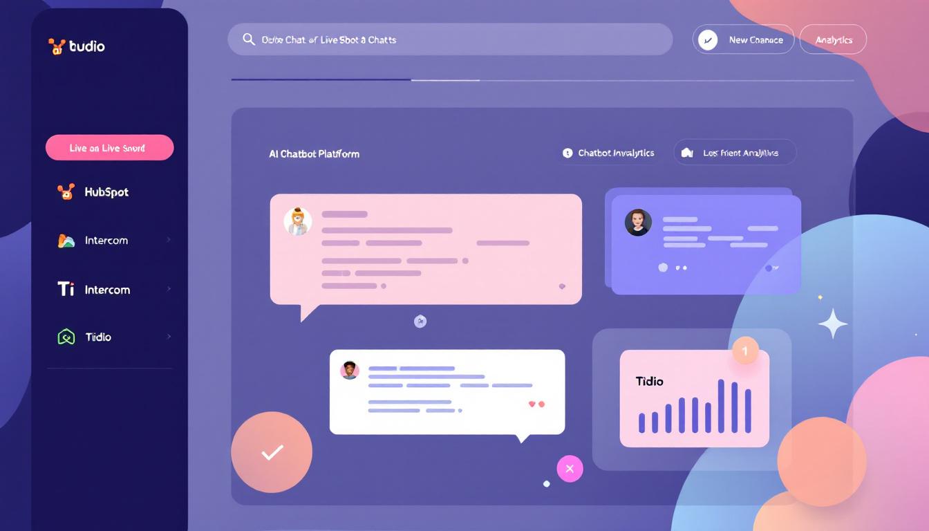 A modern website live chat dashboard comparing AI chatbot platforms like HubSpot, Intercom, and Tidio. Colorful vector art, clean UI, showing chat windows and analytics icons. Image created with AI.