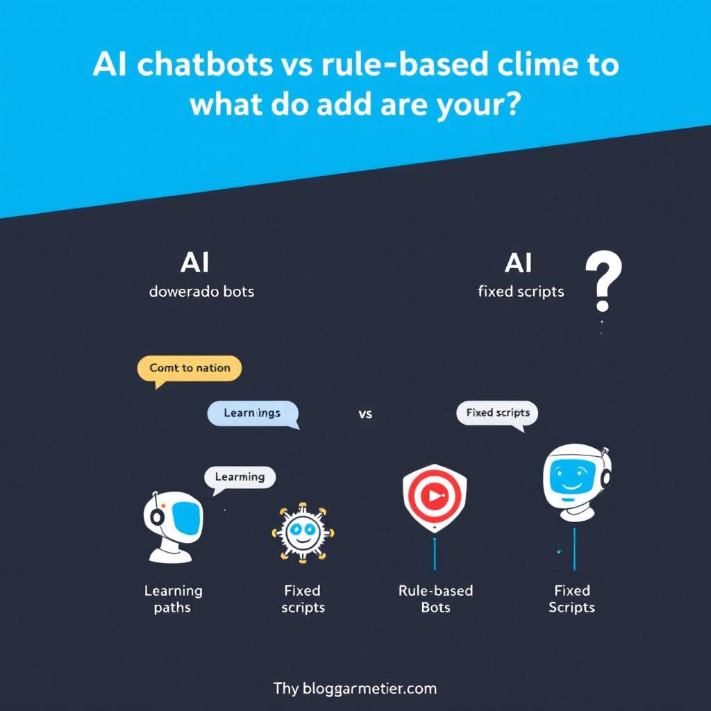 Infographic-style illustration comparing AI chatbots and rule-based bots. AI chatbot shown learning from multiple interactions, rule-based bot shown following one fixed path. Image created with AI.