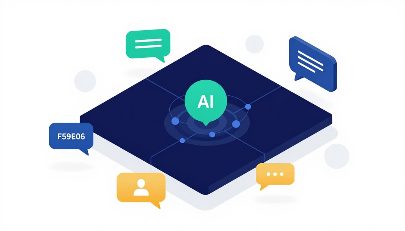 Minimalist 3D isometric infographic with AI nodes connected to keyword clusters, prompt cards, abstract chat bubbles, and subtle spreadsheet icon on white background using deep navy, teal, cobalt, and amber colors.