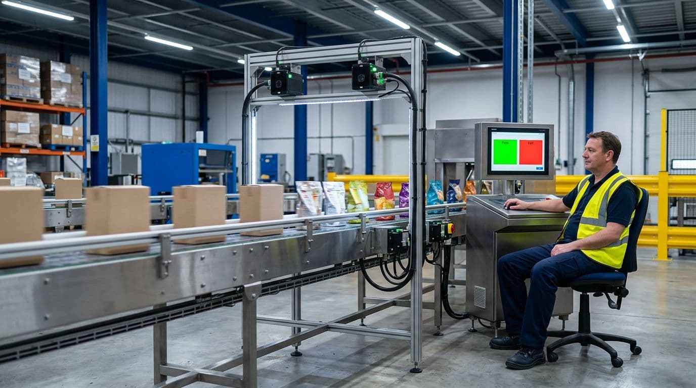 Photorealistic warehouse production area with inline AI vision inspection system over conveyor belt carrying food cartons and pouches. Overhead camera scans labels and codes, control screen shows pass/fail indicator, relaxed operator monitors console under bright lights.
