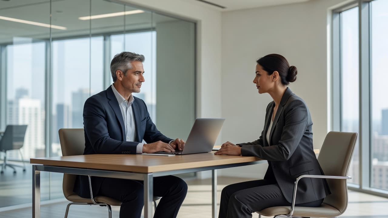 A brand owner and logistics partner sit across a sleek desk in a sunlit office. A partially open laptop rests between them as they discuss shipping strategies for an apparel business.