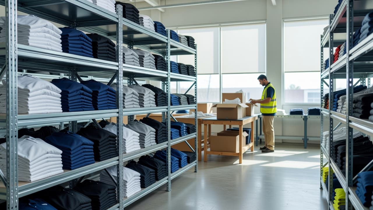 Neatly stacked shelves filled with folded clothing line a bright fulfillment aisle. In the blurred background, a warehouse staff member focuses on tasks at a metal sorting station under natural light.