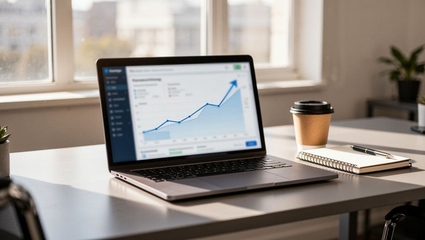 Realistic landscape photo of a laptop on a professional desk showing a blurred analytics dashboard with rising graph lines for views, taps, and engagement, coffee cup and notebook beside, natural daylight from office window, no people, no watermarks or readable text.