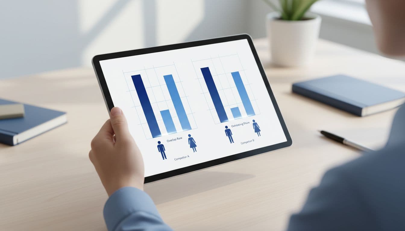 Person at desk holds tablet showing side-by-side bars comparing two competitors' overlap rate and outranking share in auction insights for legal services.