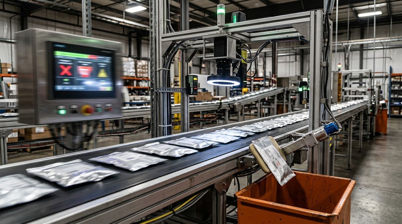 Photorealistic view of an automated inspection station on a high-volume packaging conveyor in a warehouse, featuring vision cameras and sensors scanning pouches for seals and labels, with an automated reject arm diverting faulty packs.