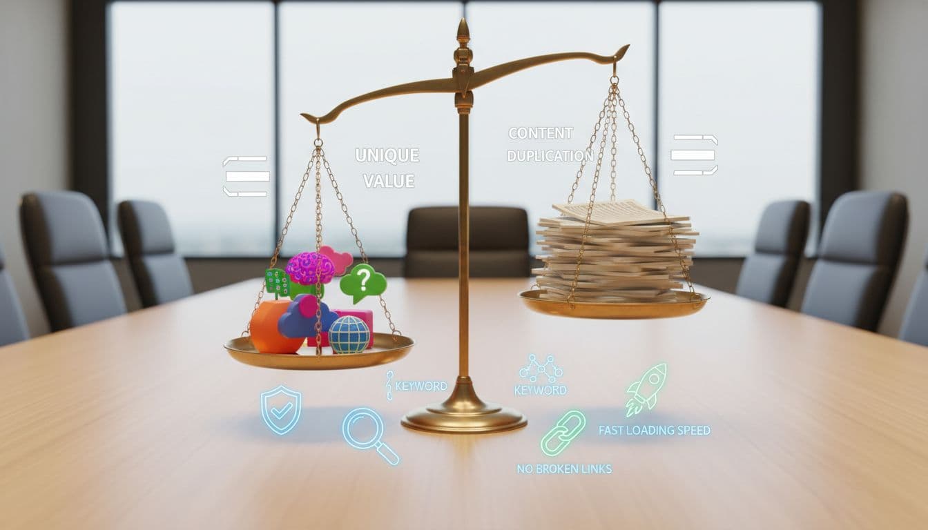 A realistic balance scale on a neutral conference room table tips towards unique content outweighing duplicate pages, surrounded by SEO compliance icons under bright overhead light in symmetrical composition with no text, people, or devices.
