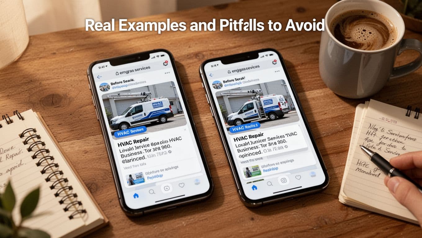 Photorealistic before and after ad copy examples for HVAC repair service on two tilted phone screens in a cozy workspace with coffee mug and notes nearby, showing improved versions with higher engagement.