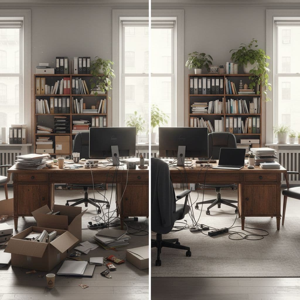 A split screen comparing a messy, cluttered room with the same space after professional cleaning and organization.