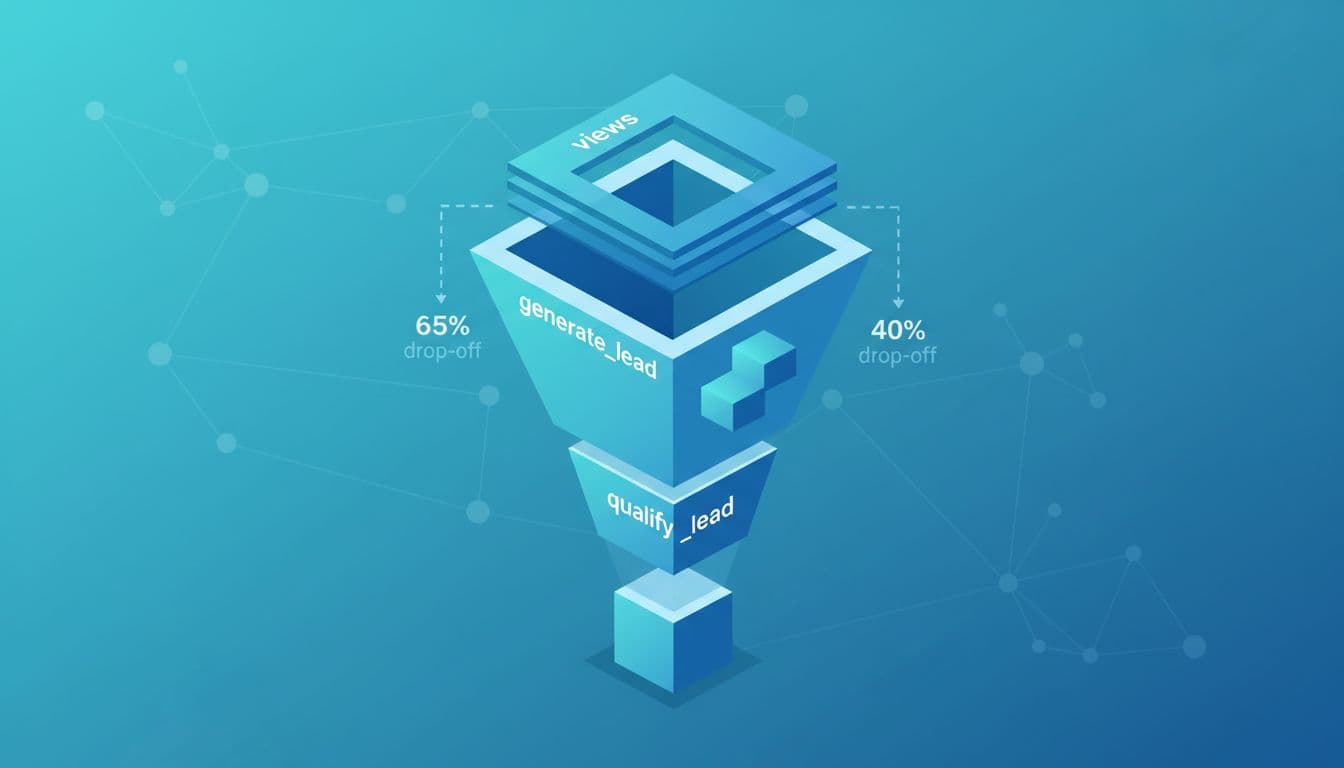 Isometric flat-design funnel shows lead progression from top views to generate_lead and qualify_lead events with drop-off metrics in blue teal.