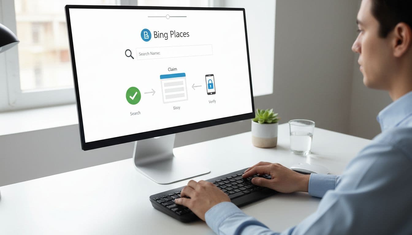 Realistic photo showing hands on keyboard interacting with a computer screen displaying the step-by-step process of claiming a Bing Places listing, in a clean desk setup with soft office lighting, one person only.
