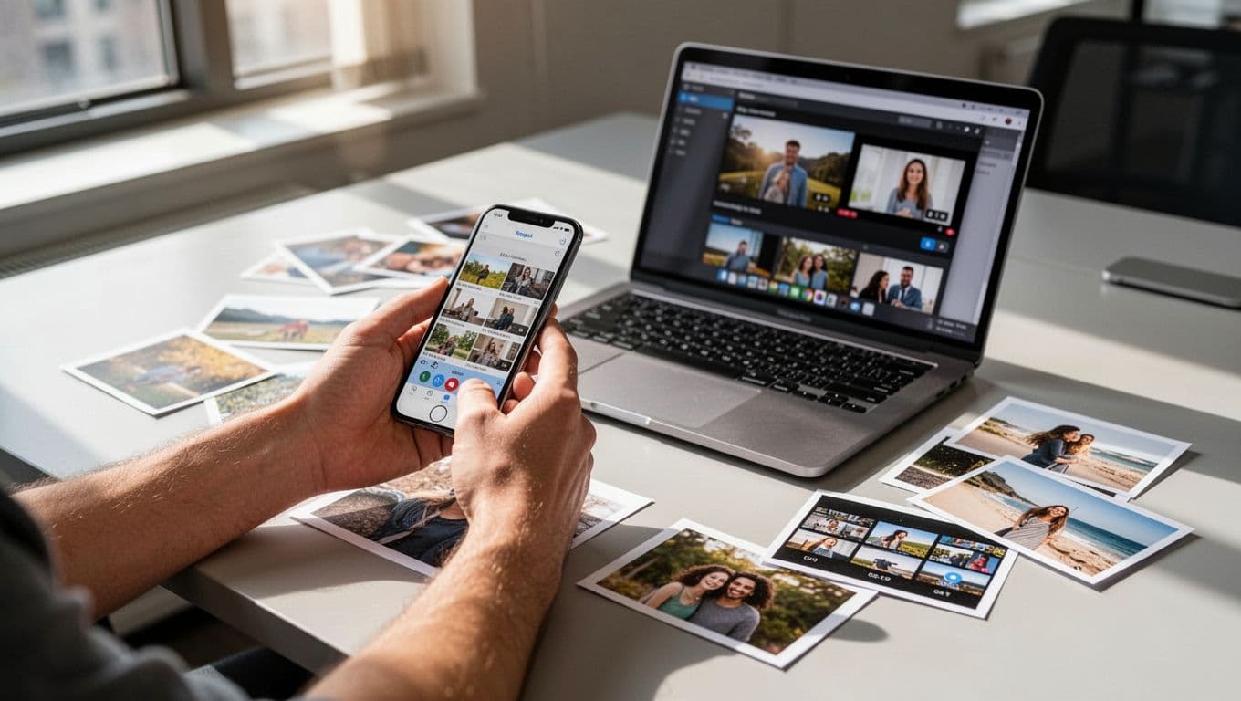 Array of business photos on a modern office desk with relaxed hands using phone and computer to upload media to Bing Places, photorealistic with natural light.