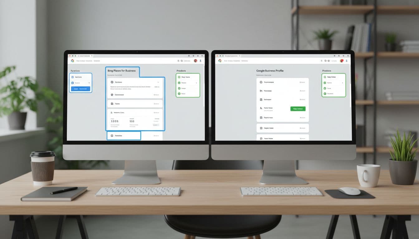 Side-by-side comparison of Bing Places and Google Business Profile interfaces on dual monitors, subtle differences highlighted in a realistic tech desk setup with neutral lighting and no readable details.