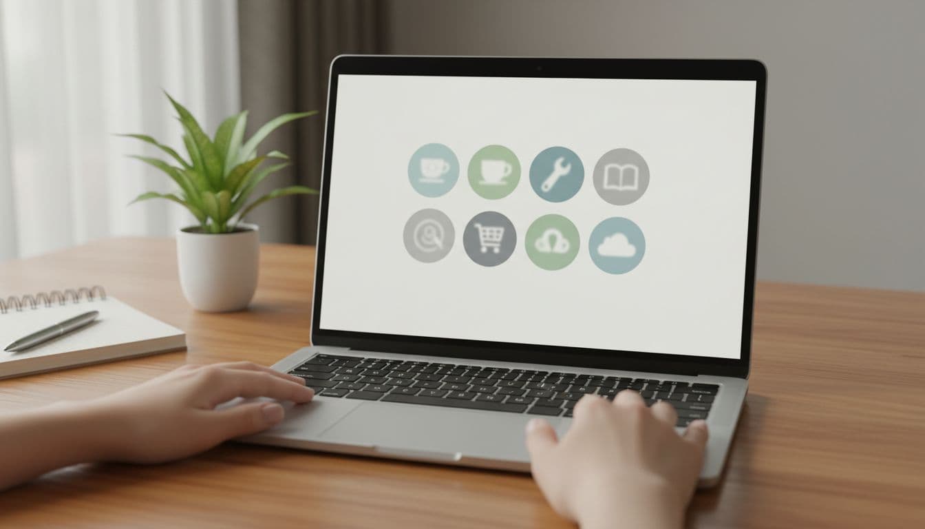 Close-up of a laptop screen displaying blurred business category icons such as coffee cup and wrench tool, hands resting on a wooden desk with a green plant and notebook nearby, in a modern workspace with soft natural lighting.