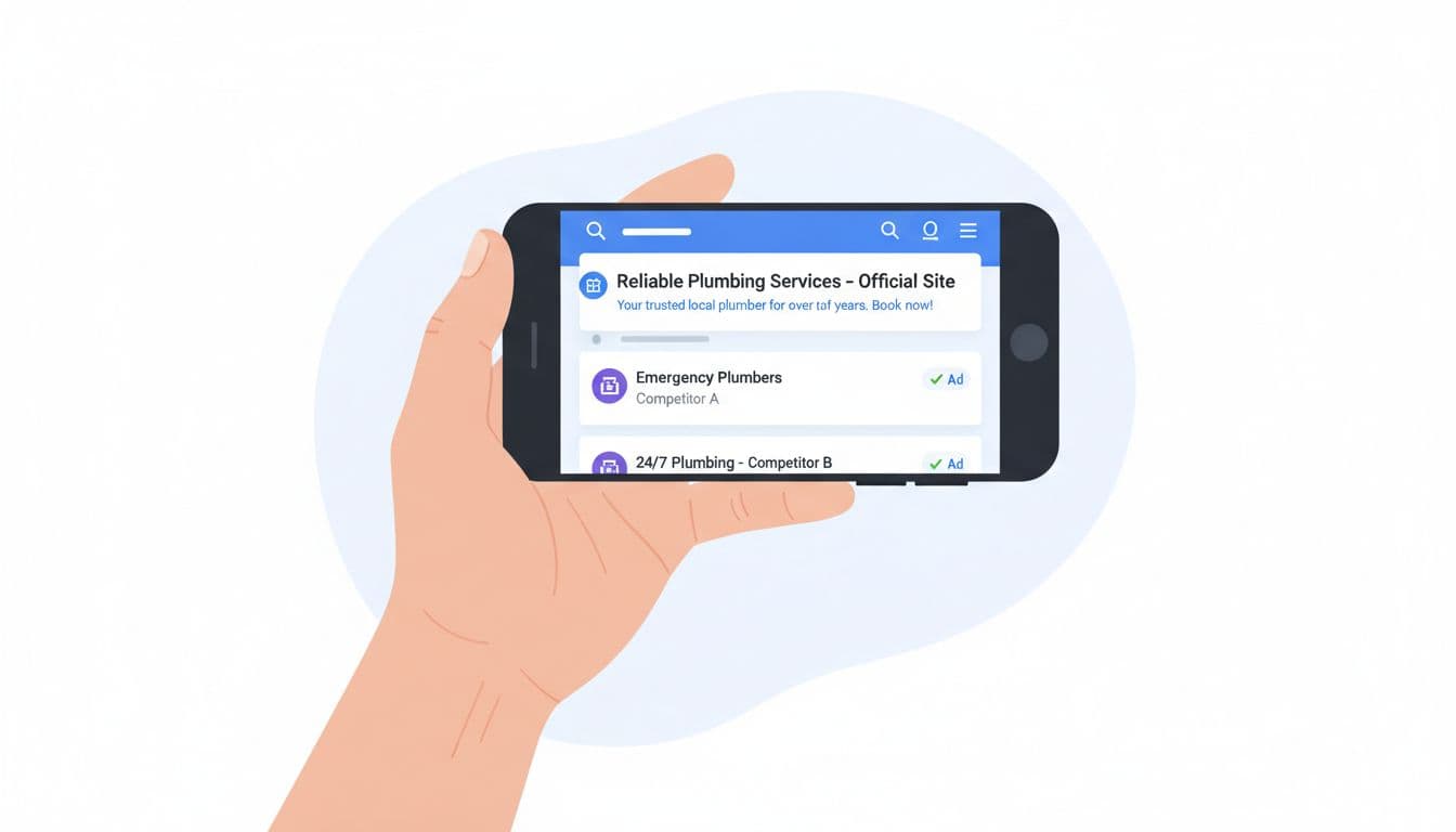 Clean professional marketing illustration of Google search results on a phone screen held by one hand, showing branded plumbing service ad at top over competitor ads below, modern digital advertising aesthetic with soft lighting.