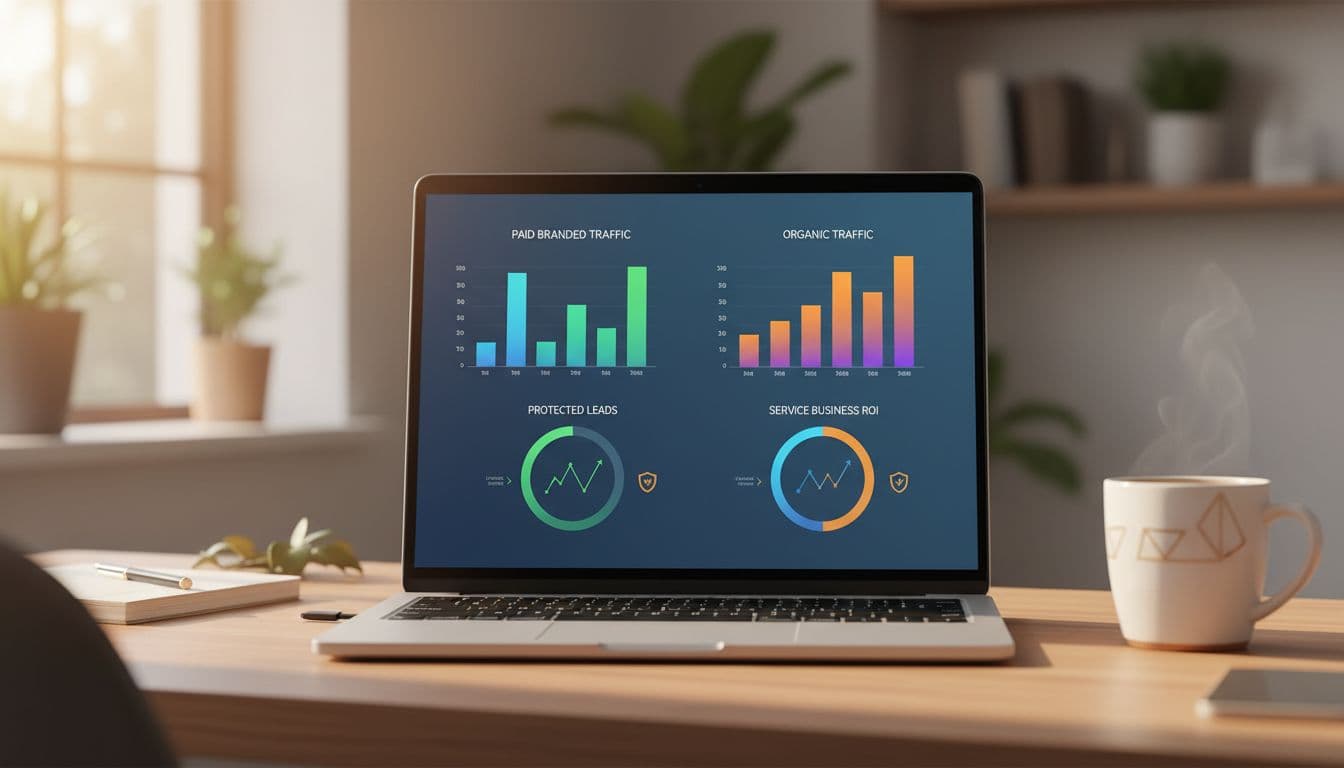 Clean professional marketing illustration of an analytics dashboard on a laptop comparing paid branded versus organic traffic, featuring conversion tracking charts for protected leads in a cozy office with warm lighting and one coffee mug.
