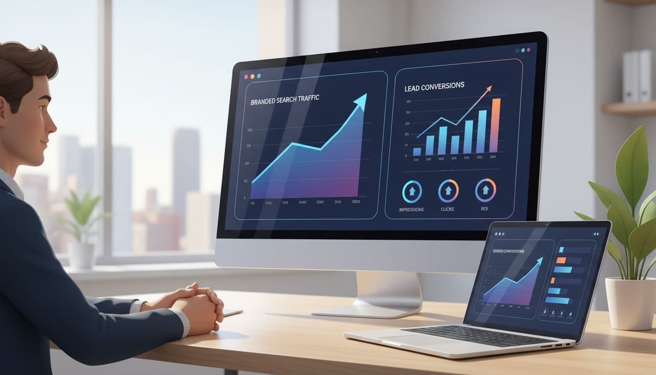 Clean professional marketing illustration of a service business dashboard with high branded search traffic graphs and lead conversions spiking upward, featuring a laptop on a desk in a bright office with soft natural lighting.
