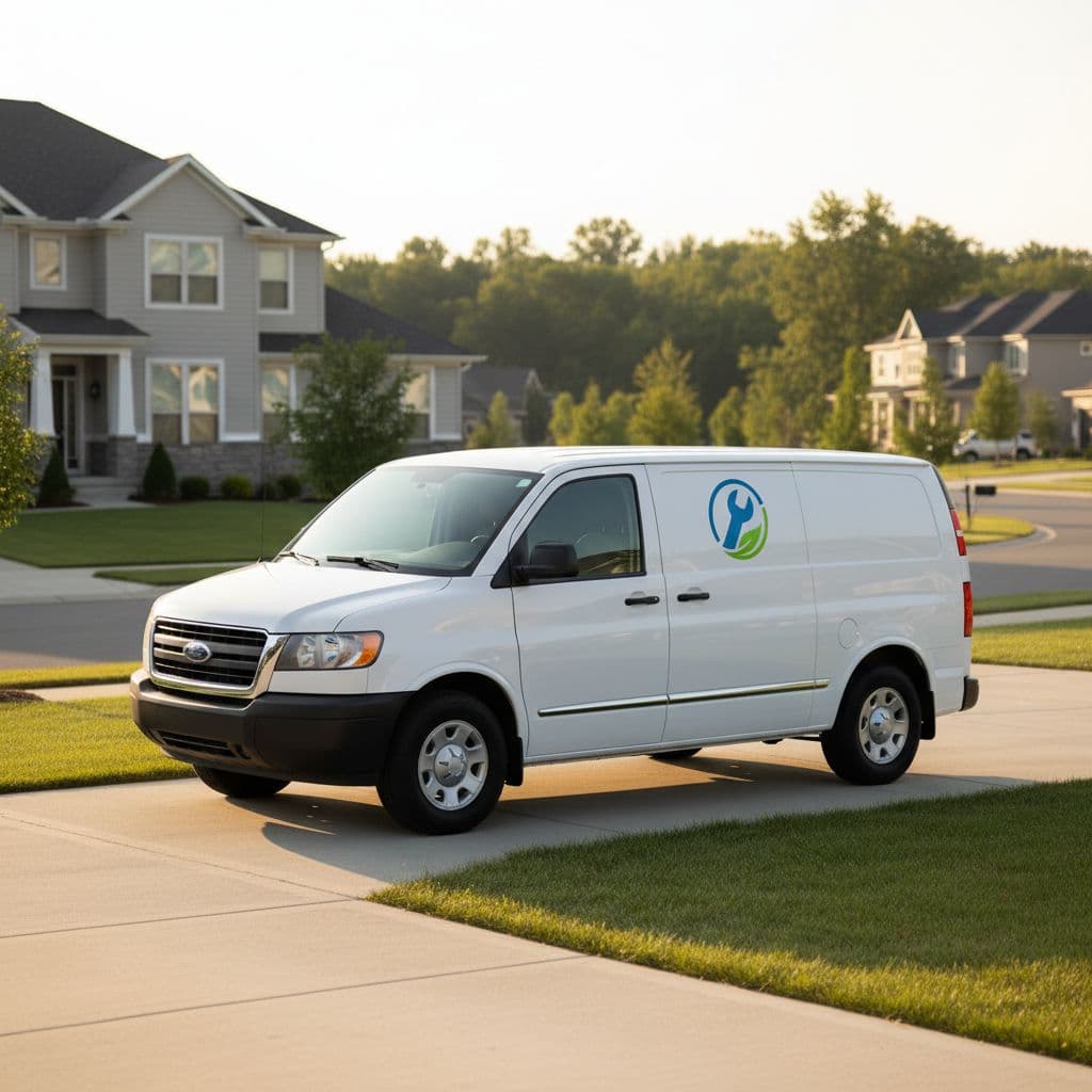 A clean, branded service van is parked in a sunny residential driveway in a quiet neighborhood.