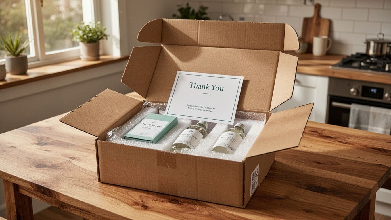Opened shipping box on wooden kitchen table reveals neatly arranged product with branded thank-you insert and protective cushioning in cozy modern home under warm natural light.