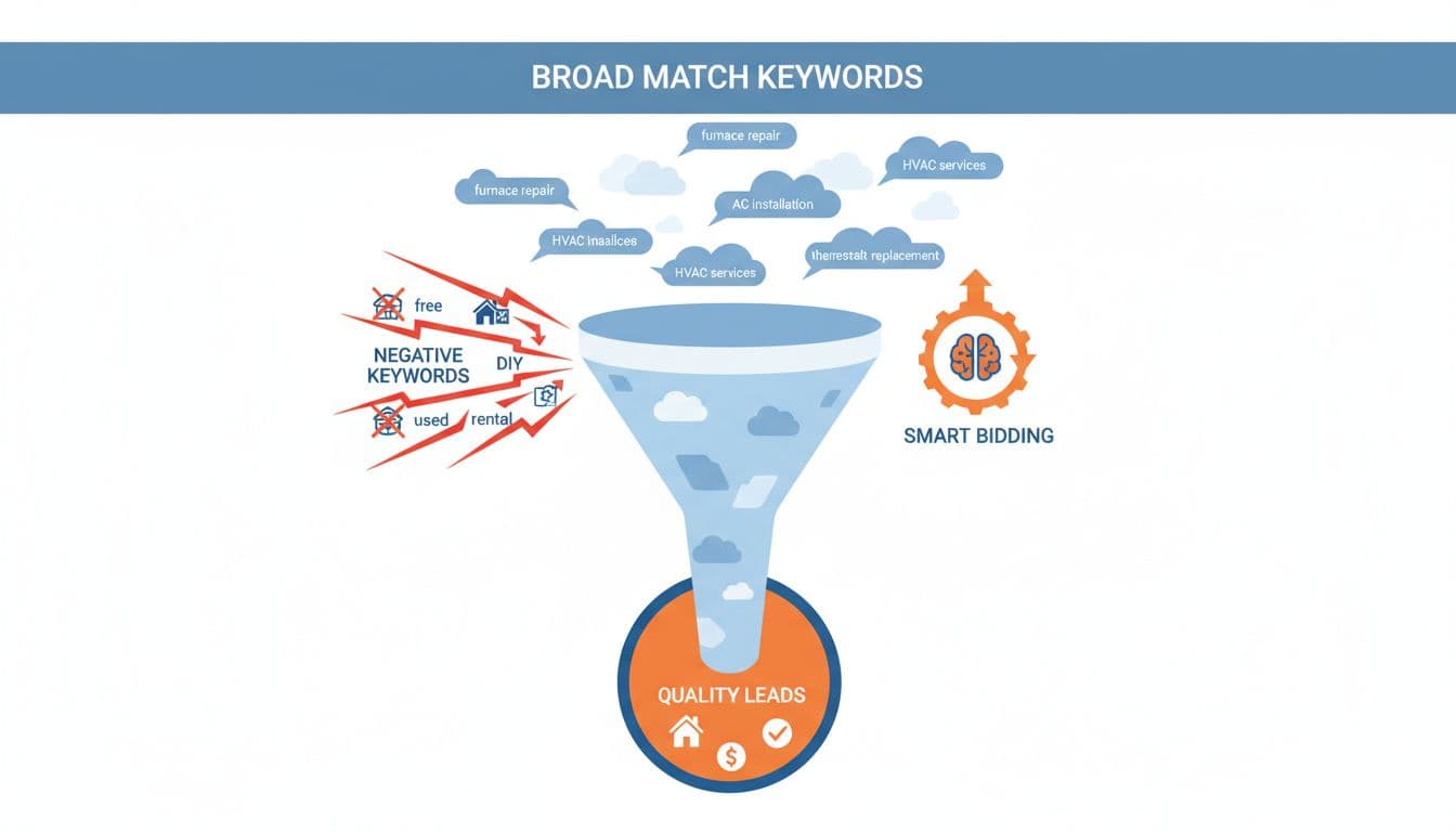Clean modern illustration of a flowchart depicting broad match keywords refined by negative keywords and smart bidding for HVAC business ads, with search terms funneling to quality leads using blue, white, and orange accents.