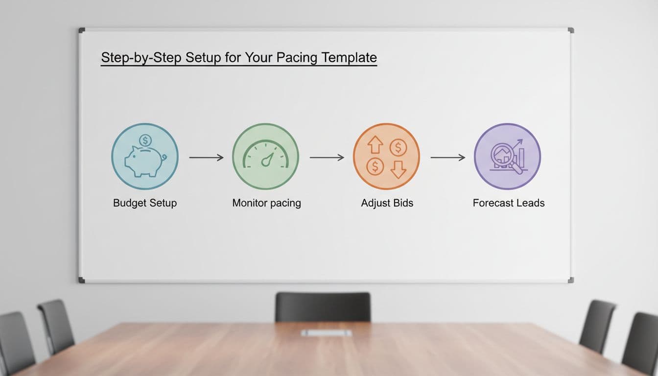 Clean illustrative icons on a whiteboard in a service business meeting room depict sequential steps: budget setup, monitor pacing, adjust bids, forecast leads. Bright even lighting, simple style, no people, text, or extra elements.