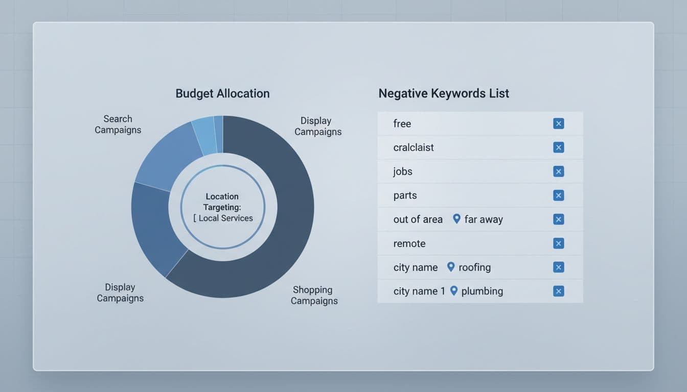 Sleek blue pie chart shows budget allocation next to negative keywords list interface.