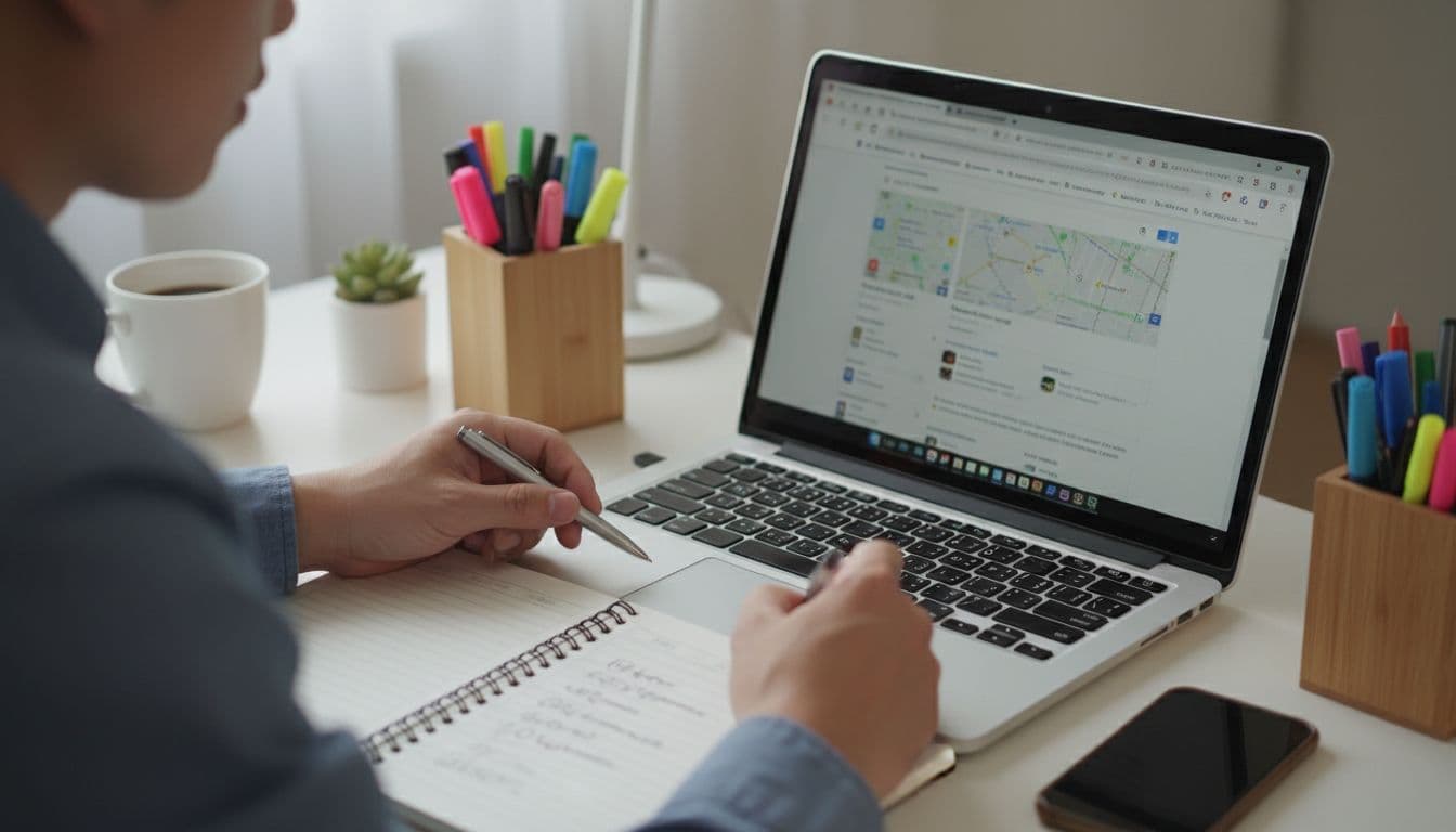 A focused person at an organized desk builds a list of local competitors using Google search results on screen and notepad, with pens and laptop in soft office lighting.