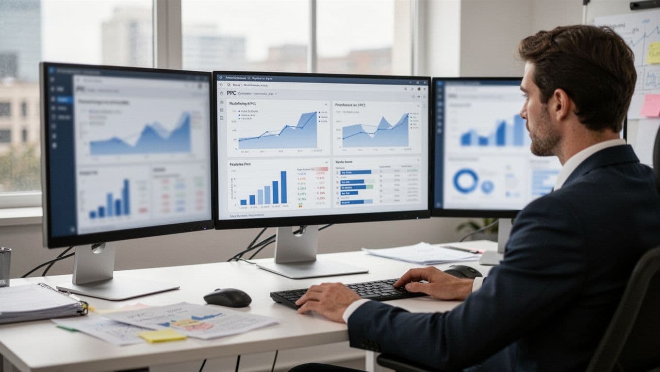 Photorealistic image of a business analyst in a professional office reviewing blurred PPC analytics charts and graphs on dual computer monitors, with desk notes, mouse, and daylight from window.