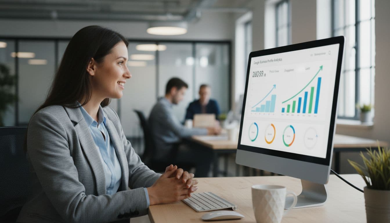 A business analyst in a contemporary office reviews the Google Business Profile analytics dashboard on a desktop monitor, displaying graphs of rising photo views, engagement, and leads. The analyst has a satisfied expression with hands resting naturally, a coffee mug nearby, under natural overhead lighting.