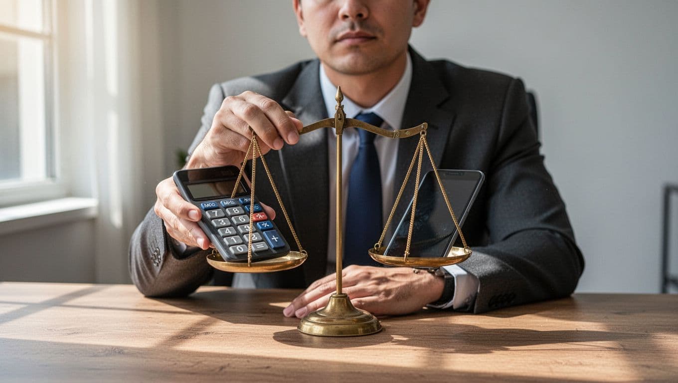 Business owner at wooden desk balances calculator against phone with leads on scale, blurred Google Ads logo behind.