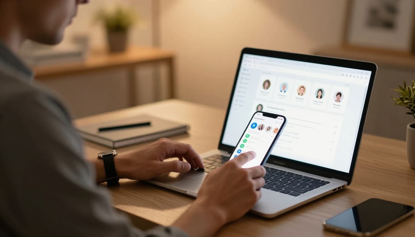 Photo-realistic scene of a male business owner in a cozy workspace reviewing social media profiles on laptop and smartphone, with blurred screens showing abstract icons, relaxed pose, warm lighting, and modern desk with notebook.