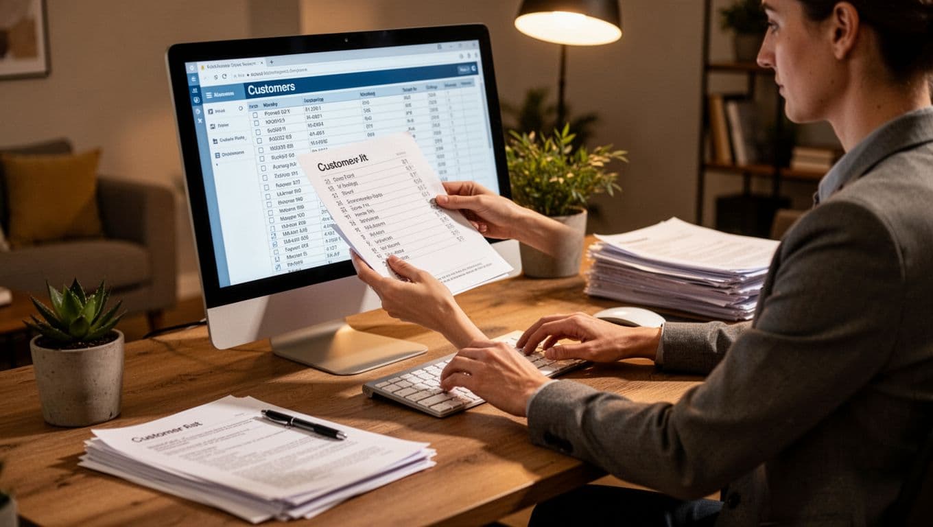 Service business owner in home office reviews customer list in CRM on angled computer screen, organized desk files nearby.