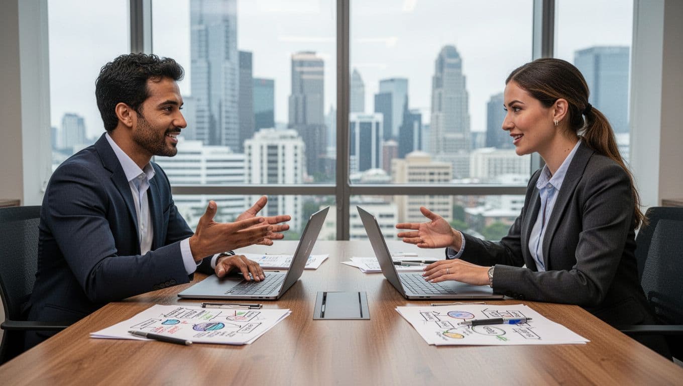 Photo-realistic image of a business owner and digital marketing agency representative engaged in discussion across a table in a professional meeting room, gesturing over open laptops and strategy notes with cityscape window view.