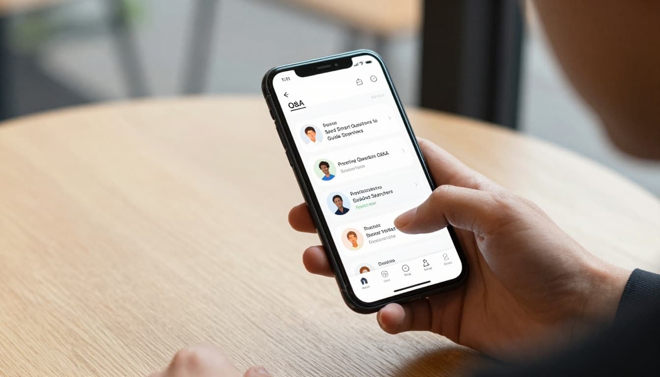 A business owner at a cafe table uses their phone to proactively ask and answer Q&A in the Google Business Profile app, with the screen showing the Q&A flow in dynamic illustrative realistic style under natural light.