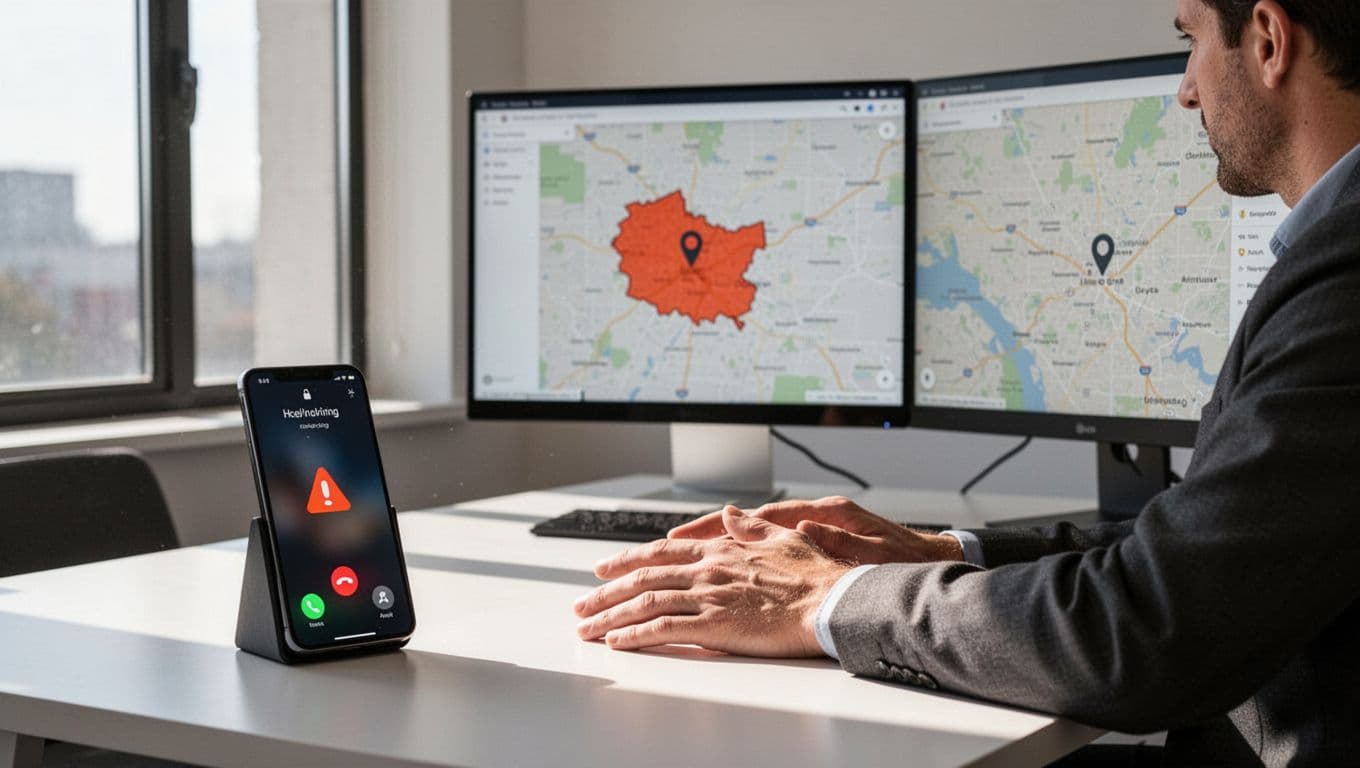 Business owner at desk with phone showing spam call, computer displaying wrong service map and duplicate lead alert.