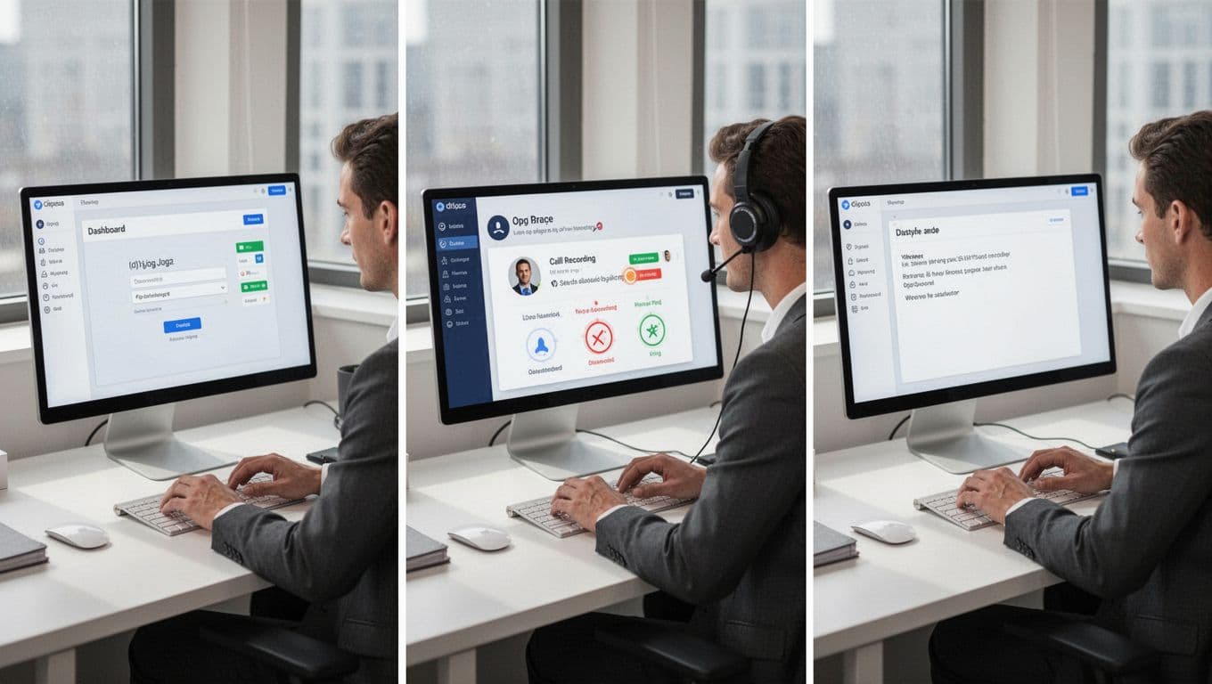 Panels show business owner at workstation logging into dashboard, listening to call via headphones, selecting dissatisfied rating, typing notes.