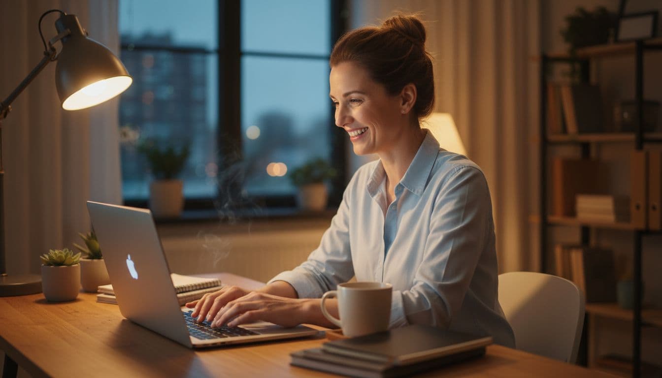 Business owner with positive expression typing response to customer review on computer in office, desk with coffee mug, evening warm lighting, realistic style, screen angled no text visible.