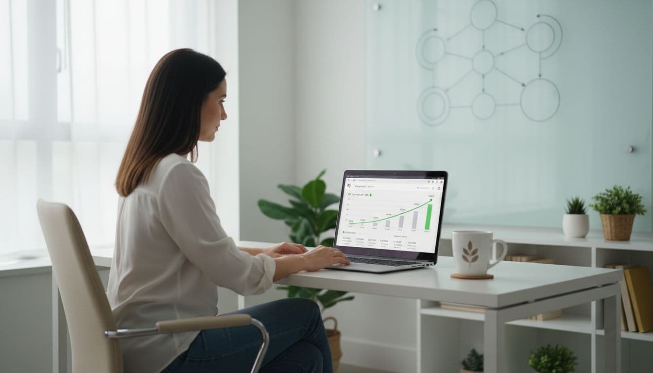 Small business owner at modern office desk reviews Google Ads dashboard showing lead form conversion values.