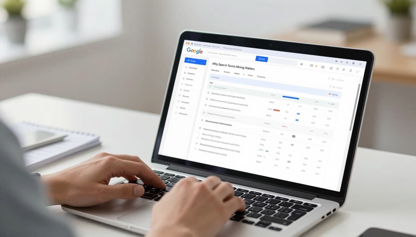 Clean modern vector illustration of a service business owner at a modern office desk reviewing a Google Ads search terms report on a laptop screen, showing query lists and metrics with charts in professional SaaS style.