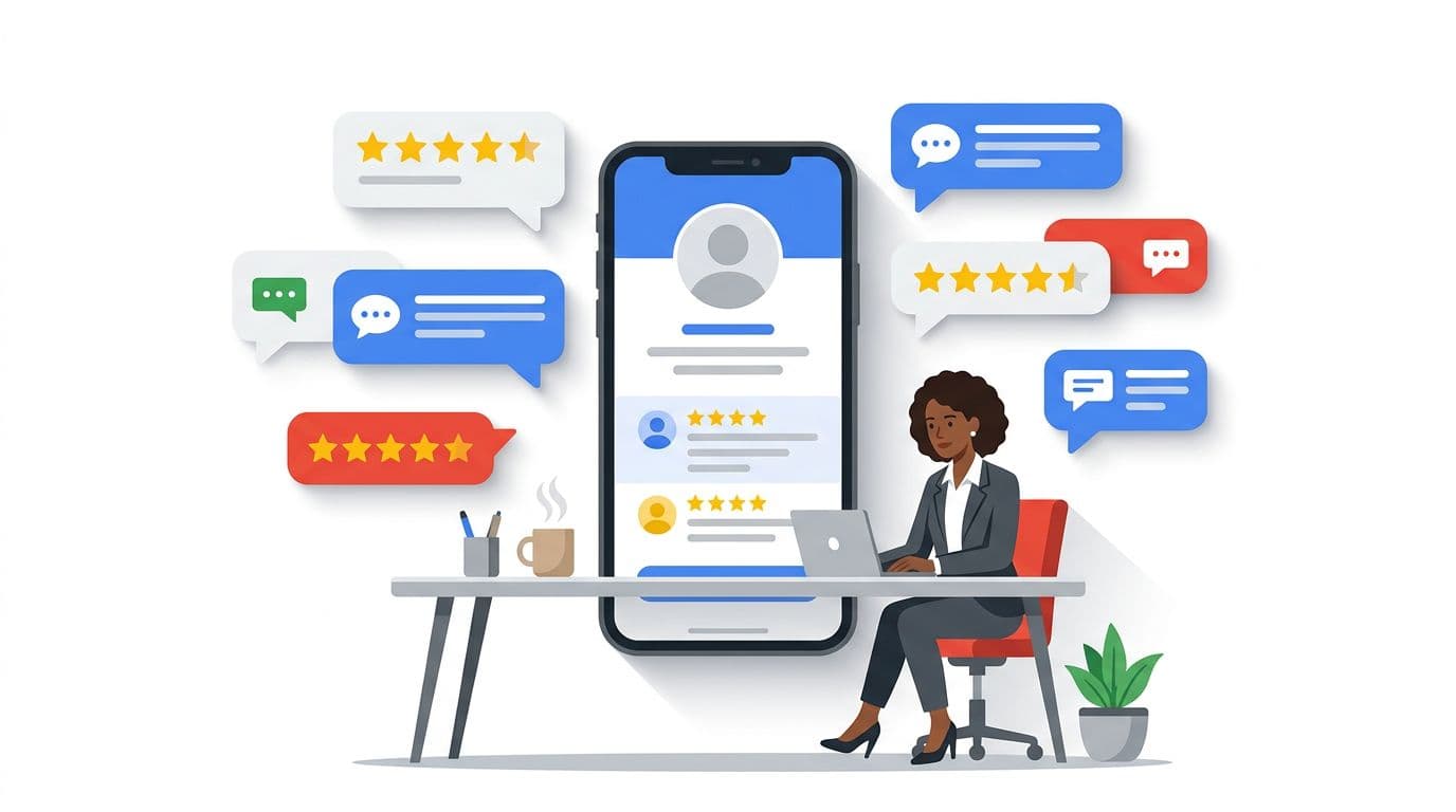 Clean modern flat-vector illustration featuring a diverse business owner at a desk with coffee mug, examining a phone screen surrounded by chat bubbles with star ratings and speech icons. Wide composition in Google colors on white background with high contrast, soft shadows, and subtle 3D depth.