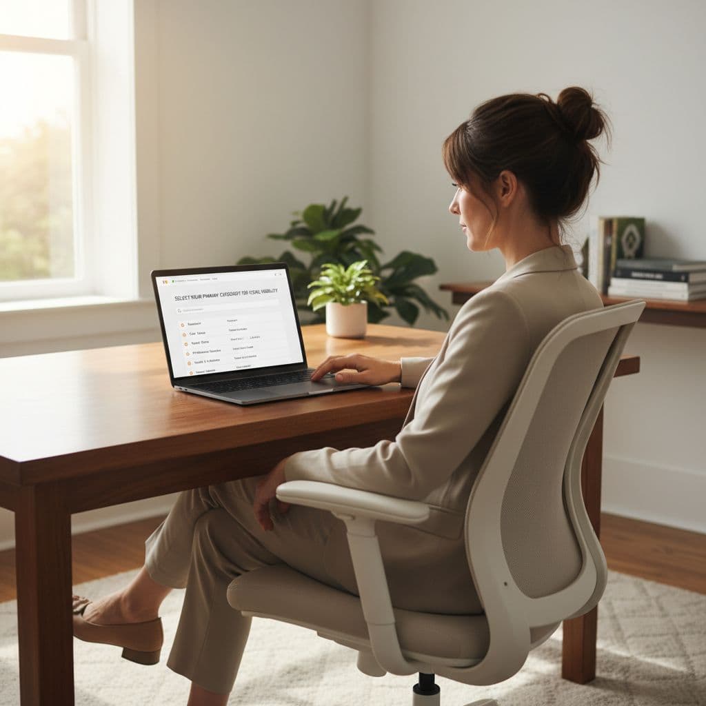 A focused business owner reviews business category options on a laptop screen in a sunlit home office.