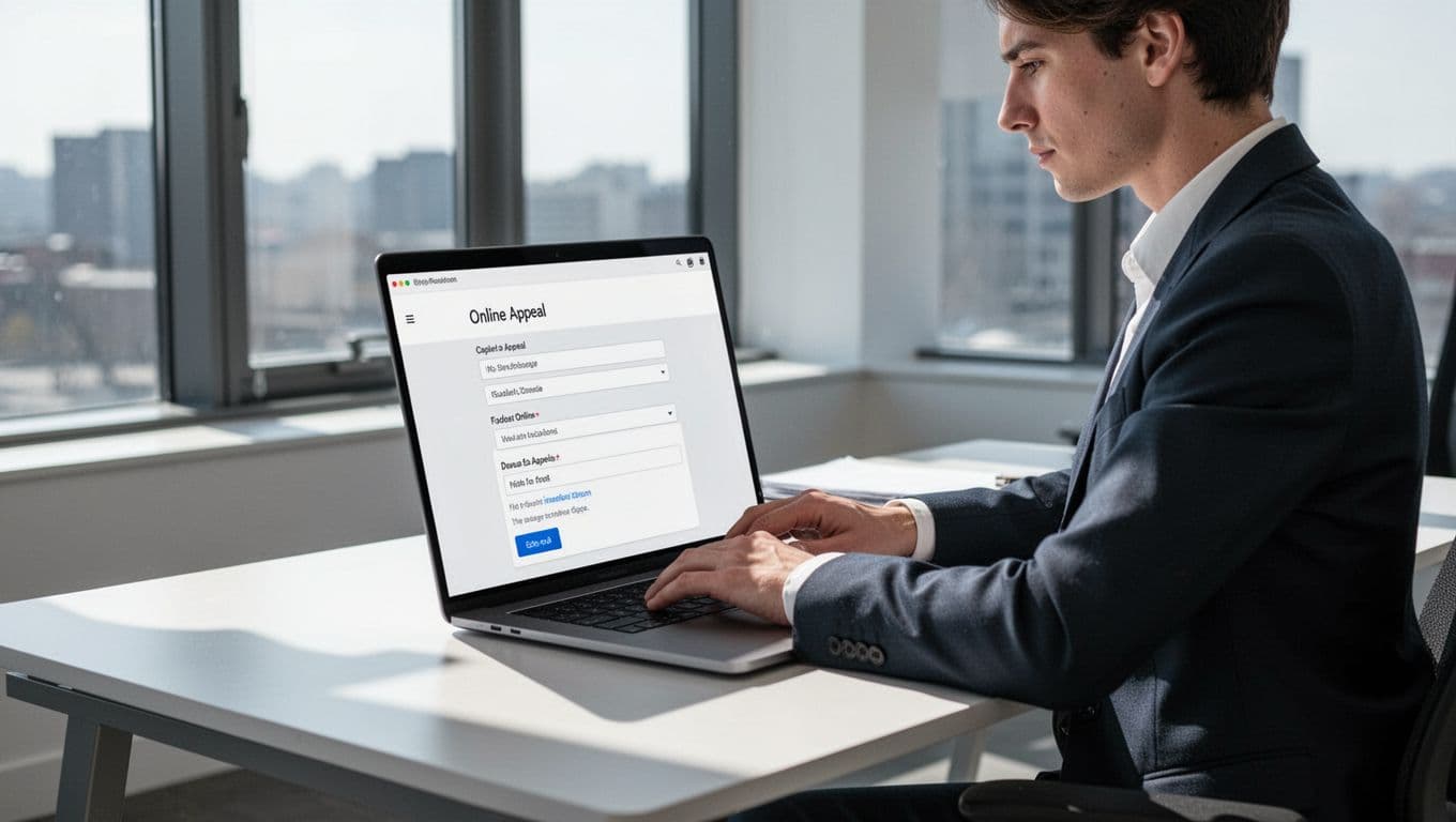A focused business owner sits at a modern desk typing on a laptop to submit a Google Business Profile appeal form in a realistic office with natural window light.
