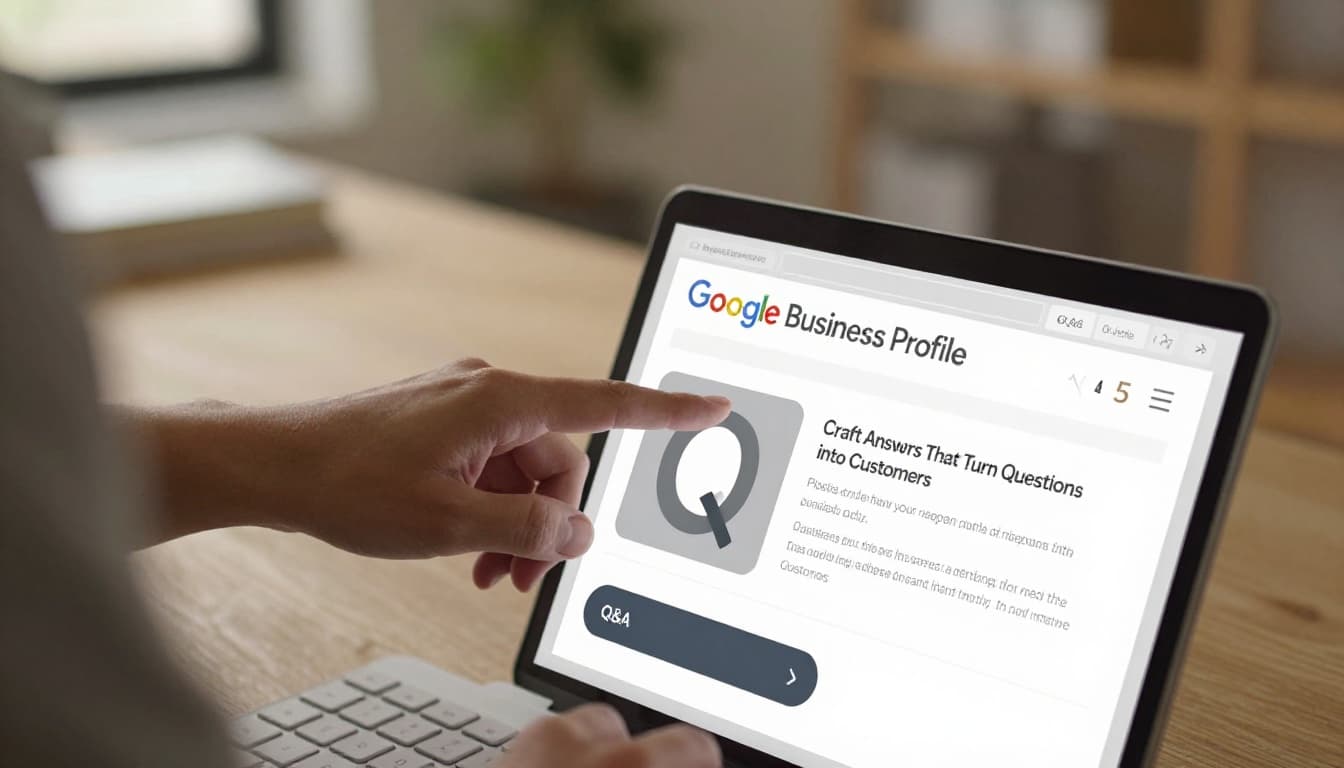 Close-up realistic photo of a satisfied business owner with relaxed hands typing an answer in Google Business Profile Q&A on a computer screen, home office background, warm lighting, centered on keyboard and screen edge, no visible screen text.